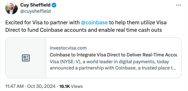 Visa and Coinbase partner for instant crypto buys on debit cards